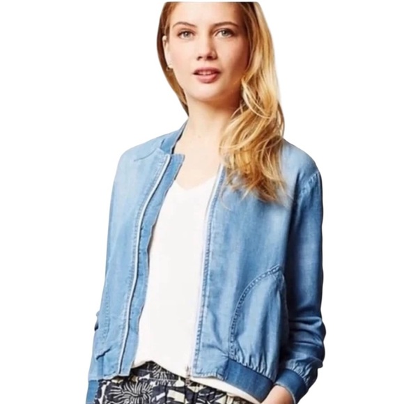 Cloth & Stone Chambray Bomber Jacket Tencel Small Full Zipper 2 Pockets Blue - Picture 4 of 10